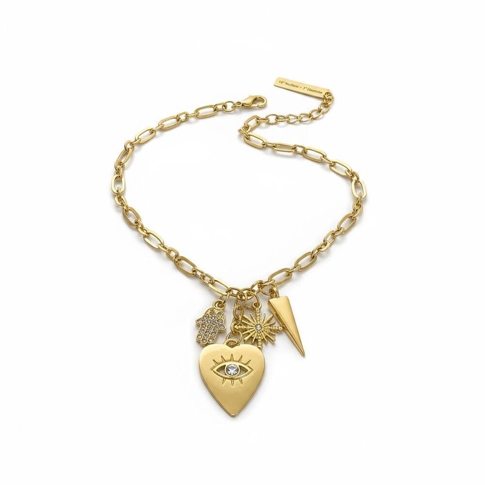 Rachel Roy Gold Charm Necklace Heart Eye Sunburst Geometric 18" + 3” extender - Picture 3 of 4